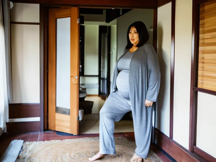 AS-Elderly　woman　obesity　big belly　Japanese　gray hair　indoor　Clothing that shows your body shape　full body portrait