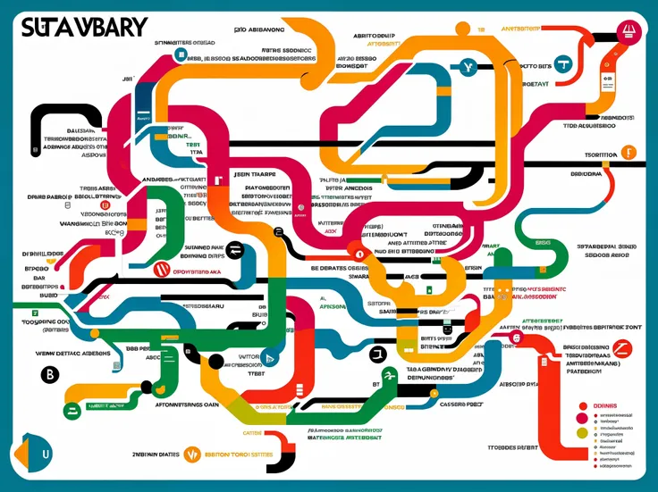 subway route map, subway system map, geometric designs, Detailed lines and symbols, Pricing, Bright colors, Modern design,