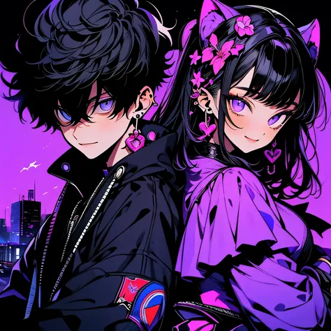 ticker。anatomically correct。Super detailed。highest quality。High resolution。modern。Silhouette style。Male and female duo。Black hair perm。Purple clothes。No sleeve。A sloppy smile。Full body。The background is the city。