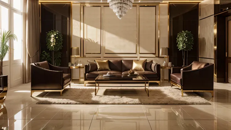 Create for me a simulated image of a luxurious and modern living room decorated to welcome the new year, with large format floor tiles, Light combined with harmonious interior highlights the beauty and shine of the floor tiles. The room does not use carpet...