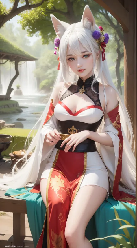 a mesmerizing portrait of a fox spirit, with enchanting eyes and a mischievous smile. The fox spirit has a graceful and alluring appearance, with flowing fur and a slender body. The fur is vibrant and glossy, with a mix of fiery red, golden, and white tone...