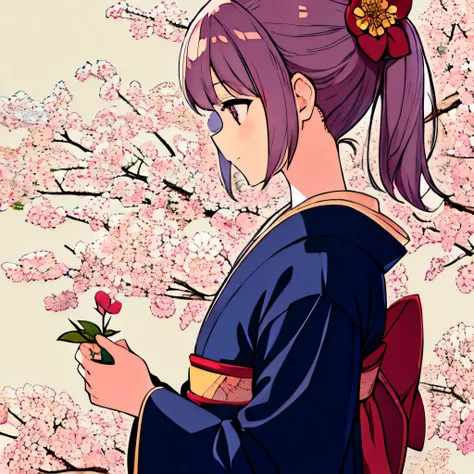 Close-up profile of a girl in a kimono surrounded by many flowers、mysterious and beautiful illustrations