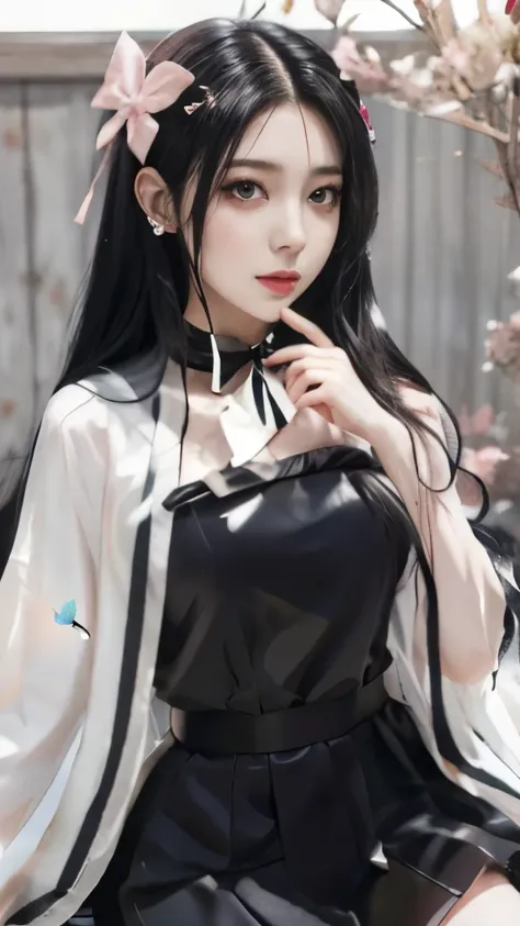 anime girl with long black hair and a pink bow in her hair, nezuko-chan, nezuko, demon slayer rui fanart, beautiful anime portrait, anime style portrait, hinata hyuga, anime visual of a cute girl, anime moe artstyle, beautiful anime style, in anime style, ...