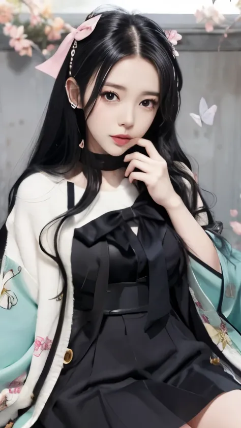 anime girl with long black hair and a pink bow in her hair, nezuko-chan, nezuko, demon slayer rui fanart, beautiful anime portrait, anime style portrait, hinata hyuga, anime visual of a cute girl, anime moe artstyle, beautiful anime style, in anime style, ...