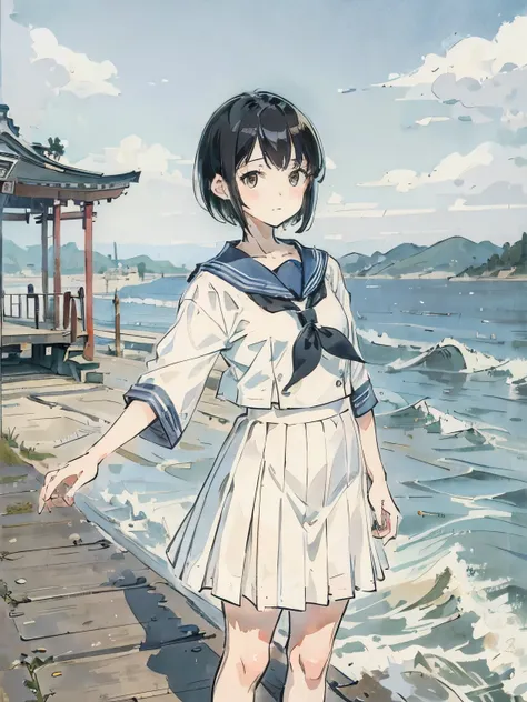 Close-up of a girl in a sailor suit with short black hair、Stand in front of a railroad crossing、Gravure style、white skirt、Summer in Japan、nostalgic、seaside