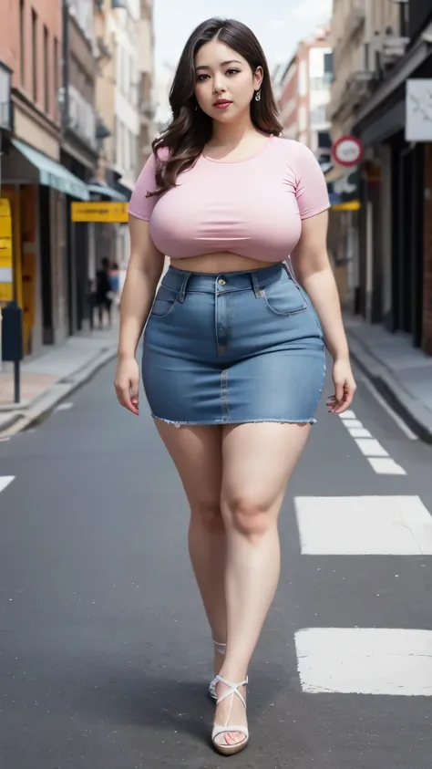 araffe woman in a pink shirt and blue denim skirt walking down a street, thicc, she has a jiggly fat round belly, bbwchan, weari...