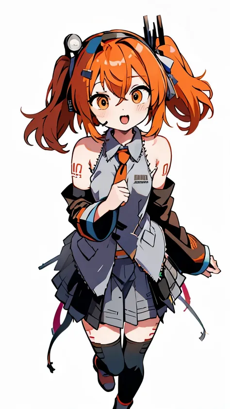 adachi rei,twintail,miku outfit,sleeveless shirt, grey shirt, detached sleeves, necktie, arm tattoo, skirt, thighhighs