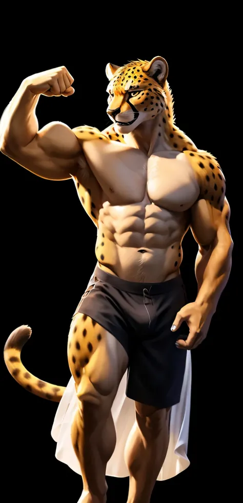 cheetah, 4k, high resolution, best quality, posted on e621, solo, anthro body, male, adult, very masculine, (very muscular, very defined muscles, strong pectorals, muscular arms, biceps, heavyweight:1.2), correct anatomy, (black background, no background, ...