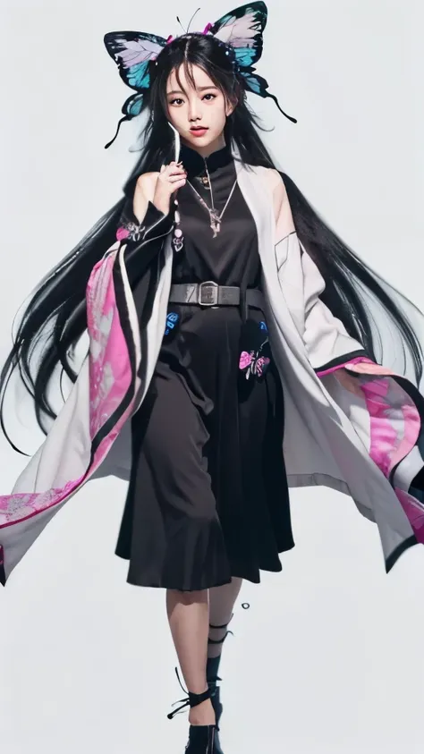 a woman in a black dress and butterfly headband holding a pink umbrella, wearing a flowing cloak, flowing hair and long robes, shuushuu anime image, with a long black cape, wearing dark robe, wearing a long flowing robe, with cape, wearing flowing robes, f...