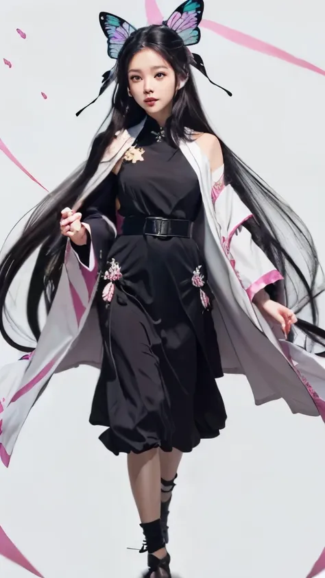 a woman in a black dress and butterfly headband holding a pink umbrella, wearing a flowing cloak, flowing hair and long robes, shuushuu anime image, with a long black cape, wearing dark robe, wearing a long flowing robe, with cape, wearing flowing robes, f...