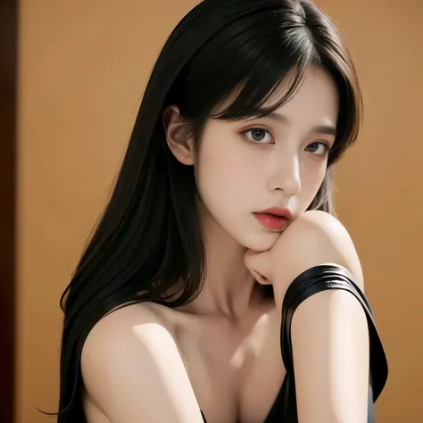 15 year old girl，big breasts，chest-hugging，black clothes，black hair，shy