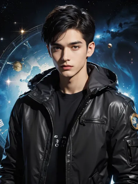 A beautiful man. Twenty years old. Short black hair. wearing a jacket. An image of a clock and outer space on a mens background.