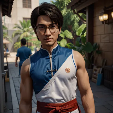 3D cartoon character of a boy of Chinese descent with a cute and wise face. wearing glasses. His hair is the style of an ancient Chinese martial artist. wearing half a singlet t-shirt and the other half a Chinese martial artist outfit, animation character,...