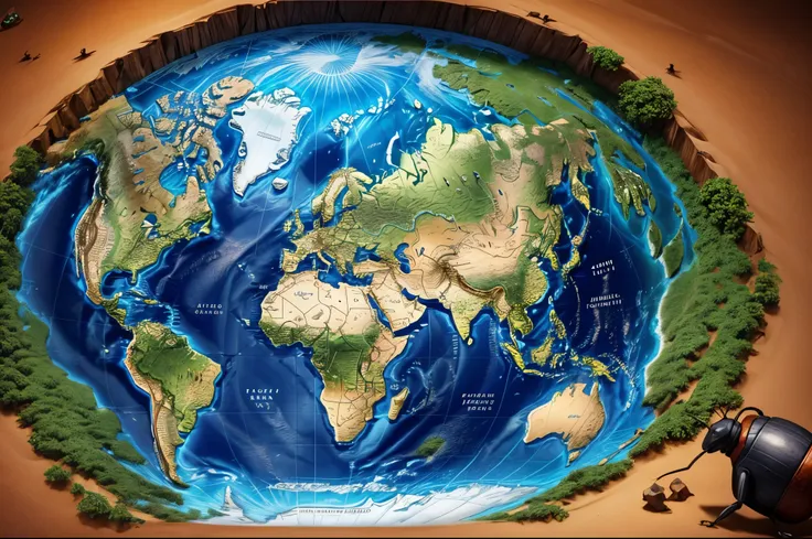 a world map in 3d with ants walking on it,detailed texture of the map,intricately detailed ants,captivating scenery of the map,o...