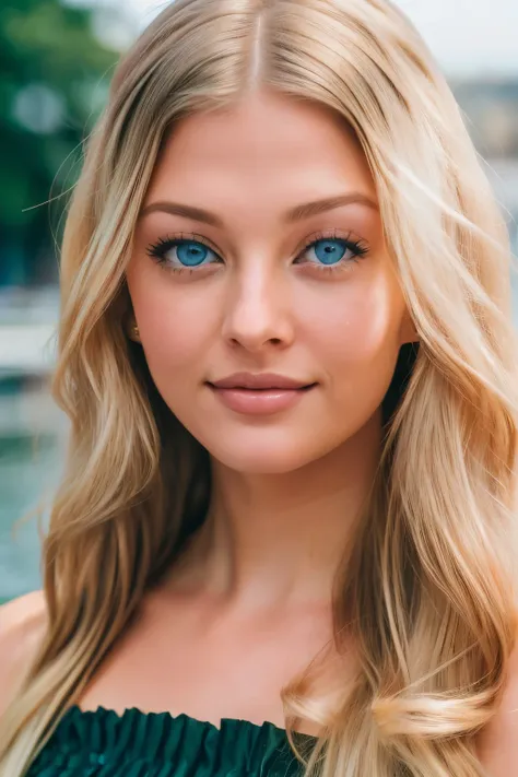 Young pretty blonde woman, with captivating blue eyes, gazes intently into the camera lens. Her flawless complexion is accentuated by the natural light illuminating her shining cheeks. Dressed in a chic outfit, her well-defined features are on full display...