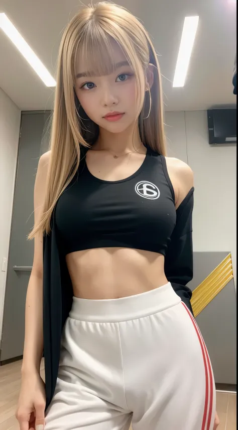 (close up shot),、With bangs、blonde、17 years old、 1 girl、japanese girl、logo sportswear、baggy pants、dance studio、、beautiful girl、well-groomed face、look at the camera、slim abs、cute、
