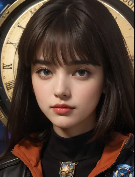 Upper body close-up image. A beautiful woman. Dark brown hair. Her bangs are down. Twenty years old. she is wearing a jacket. An image of space and a clock in her background.