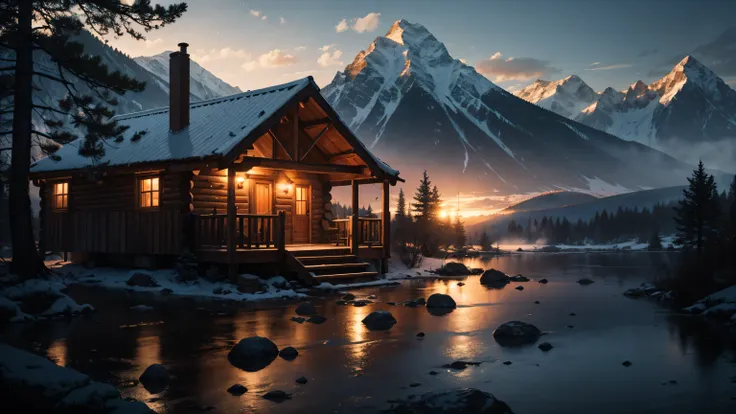 A mountain cabin, volumetric lighting, cinematic lighting