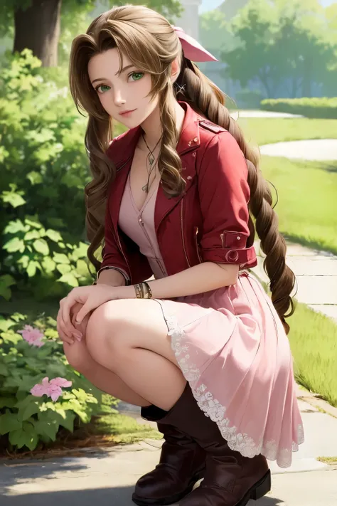 (masterpiece:2.0), solo, ((((aerith gainsborough, red cropped jacket, hair bow, bracelet, pink dress, brown boots)))), , from_si...