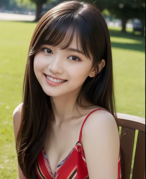 ((Top quality, 8K, Masterpiece: 1.3)), Beauty, Pure, Melon face, Kind and cute, Sweet smile, Pure desire, Slender body, (Front), (Tilted head), ((Looking at camera)) , wearing a patterned dress, black silky long hair, long shoulders, round black big eyes, ...