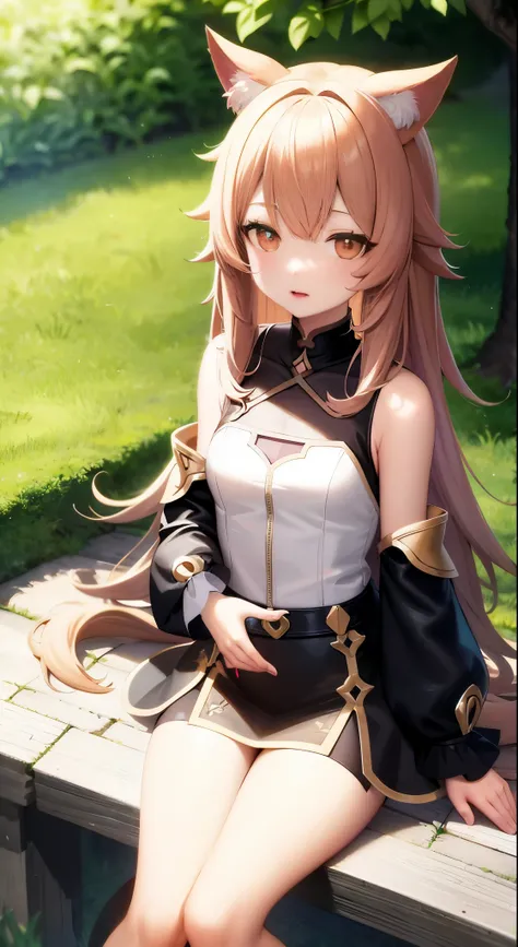 Raphtalia、super mini skirt、bare legs、sexy、lightly dressed、Anime girl with long hair sitting on a tree in the forest, Holo is a werewolf girl, Holo for wolf girl, Kushat Krenz Key Art Women, official character art, shadowverse style, Ayaka Genshin impact, c...