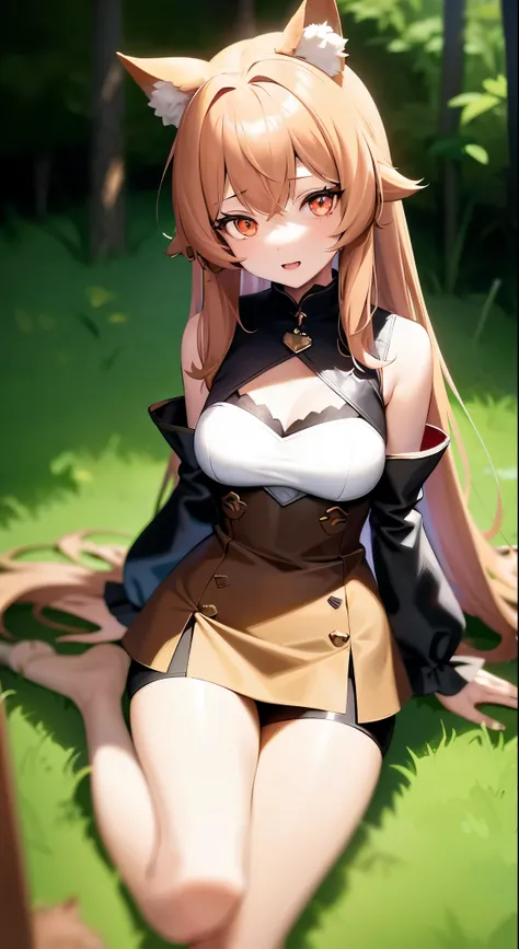 Raphtalia、super mini skirt、bare legs、sexy、lightly dressed、Anime girl with long hair sitting on a tree in the forest, Holo is a werewolf girl, Holo for wolf girl, Kushat Krenz Key Art Women, official character art, shadowverse style, Ayaka Genshin impact, c...