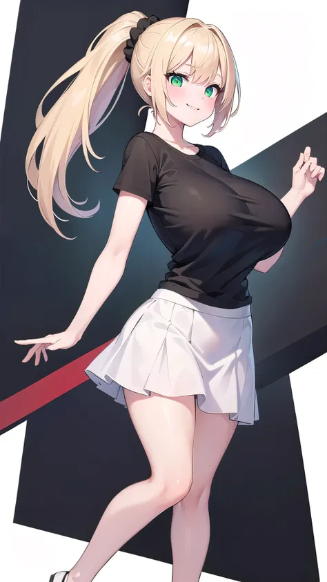 1 girl, game CG,1 girl, game CG, plain black T-shirt, white short skirt, hair scrunchie, (gigantic breasts:1.2), blonde, middle hair, side ponytail, green eyes,scrunchie,(white background:1.1 ), full body, toe, standing, back, smiling,