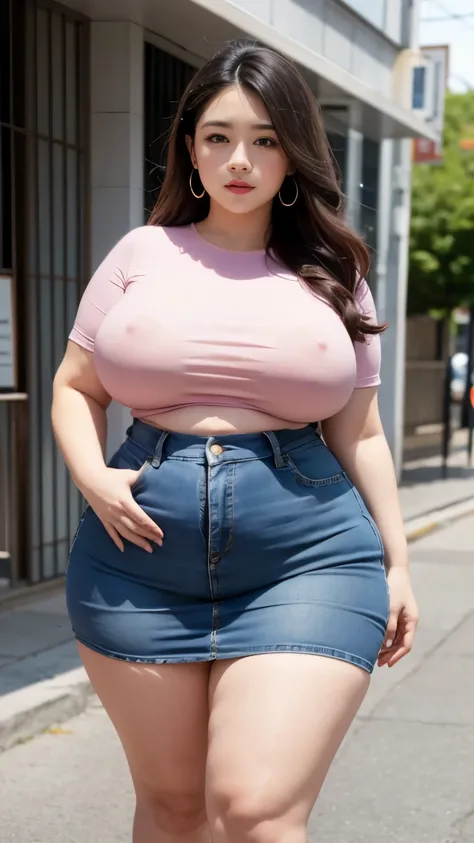 araffe woman in a pink shirt and blue denim skirt walking down a street, thicc, she has a jiggly fat round belly, bbwchan, wearing tight simple clothes, skinny waist and thick hips, widest hips, her belly is fat and round, soft curvy shape, hyperrealistic ...