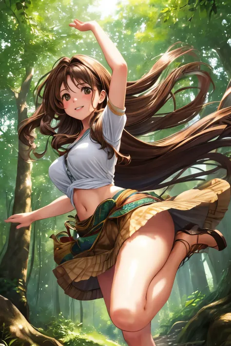 (masterpiece, best quality), 1girl with brown hair and brown eyes, long locks cascading down her back,
leaps into the air with a graceful jump, FORESHORTENING the perspective of her extended leg,
DEPTH OF FIELD softly blurring the background,
solo figure, ...