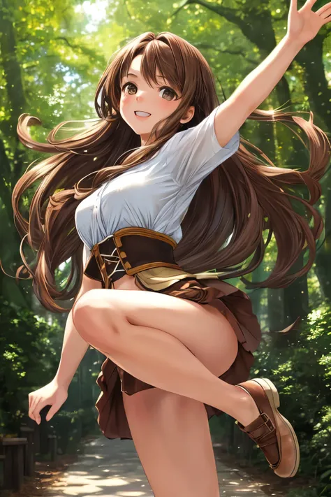 (masterpiece, best quality), 1girl with brown hair and brown eyes, long locks cascading down her back,
leaps into the air with a graceful jump, FORESHORTENING the perspective of her extended leg,
DEPTH OF FIELD softly blurring the background,
solo figure, ...