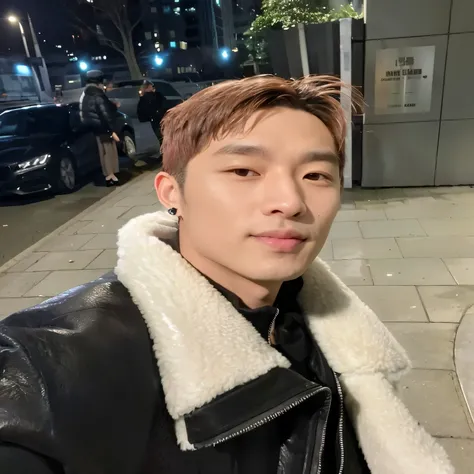 arafed man in a black jacket and white fur coat standing on a sidewalk, glossy from rain, Yoon keeho, Stephen yoon, keeho from p1harmony, keeho, south korean male, headshot profile picture, keeho yoon, wan adorable korean face, taken in the early 2020s