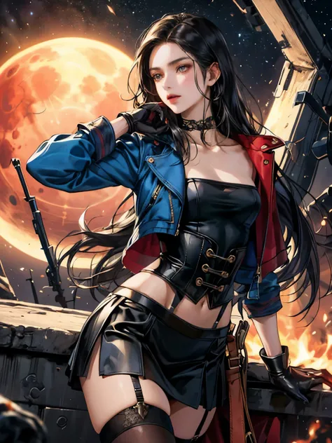 (masterpiece), (best quality), (detailed), Light Layers, 1Solo Girl,  perfect body,Very long hair, black hair, Red ribbon pin on both sides, hime cut hair, Defined clavicle, extremely realistic, realistic, detailed, milky way background, red moon,Combat Cl...