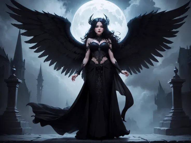 high quality, 8K Ultra HD, In the abyssal heart of enchantment, behold the ominous presence of the Dark Angel, crafted with audacious otherworldly finesse, Standing amidst the haunting shadows of a infernal castle, she is accompanied by a resplendent black...