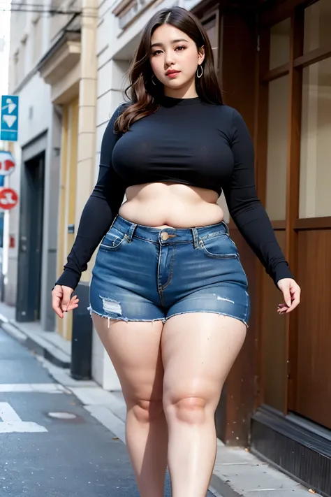 ((best quality)), ((masterpiece)), (detailed), perfect face, araffe woman in a dark-blue shirt and blue denim skirt walking down a street, thicc, she has a jiggly fat round belly, bbwchan, wearing tight simple clothes, skinny waist and thick hips, widest h...