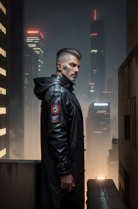 A man, 45 years old, brown eyes, hair shaved on the sides, combed back, unshaven, wearing a dark trench coat with the collars turned up. He is leaning against the parapet of a building, observing from above the night of the cyberpunk city below in the back...