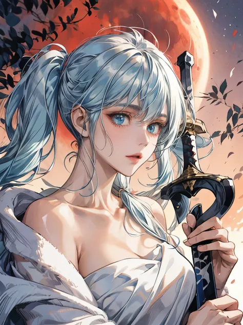 light blue hair, very long hair with pigtails , The Perfect Face, Holding a large sword in hand, Clear skies, heart eyes, pretty girl, Put on a white towel,  clavicle, Cool pose,  Heterochromia, mature face ,  Clear picture, red moon