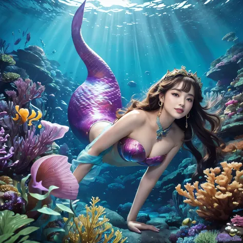 (highest quality、table top、8K、best image quality、hyper realism)、(Little mermaid in the most luxurious and majestic costume:1.1)、(Luxurious transparent sleeve:1.1)、(Mermaid goddess swimming in the beautiful rocky area of the deep sea.:1.2)、(Extremely comple...