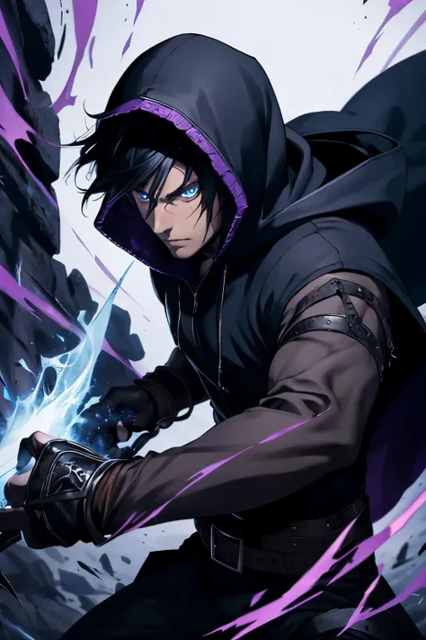 (extremely detailed 8k wallpaper), a medium shot of a fearful rogue, male, male focus, black hair, blue eyes, black clothing, hooded, medieval, intricate, high detail, with a shadow blade in his hand with purple fire