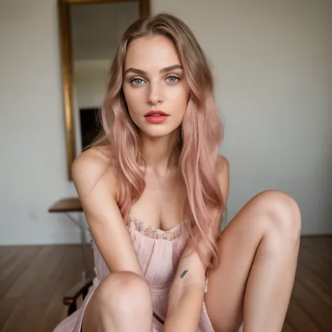 ((raw photo:1.3)),(beautiful model girl in a dress:1.2),sit on the chair,(pink long hair),beautiful slim face:1.1,make up,(tatto...