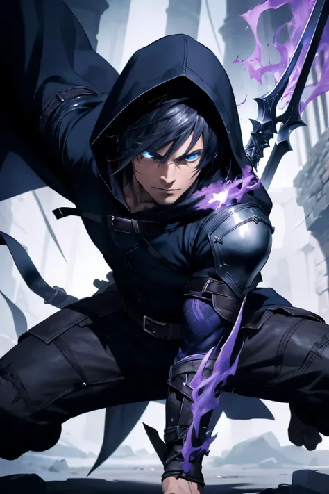 (extremely detailed 8k wallpaper), a medium shot of a fearful rogue, male, male focus, black hair, blue eyes, black clothing, hooded, medieval, intricate, high detail, with a shadow blade in his hand with purple fire