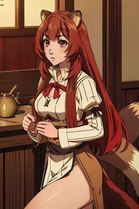 (masterpiece, highest quality),  intricate details,
1 girl,  Raphtalia, animal ears, brown hair, long hair, raccoon ears, a racoon girl, raccoon tail, (red eyes:1.5), tail, 
 Hestia Cosplay, rei no himo,