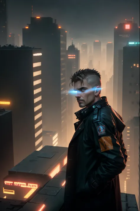 A man, 45 years old, brown eyes, hair shaved on the sides, combed back, unshaven, wearing a dark trench coat with the collars turned up. Hands in his pockets, He is leaning against the parapet of a building, observing from above the night of the cyberpunk ...