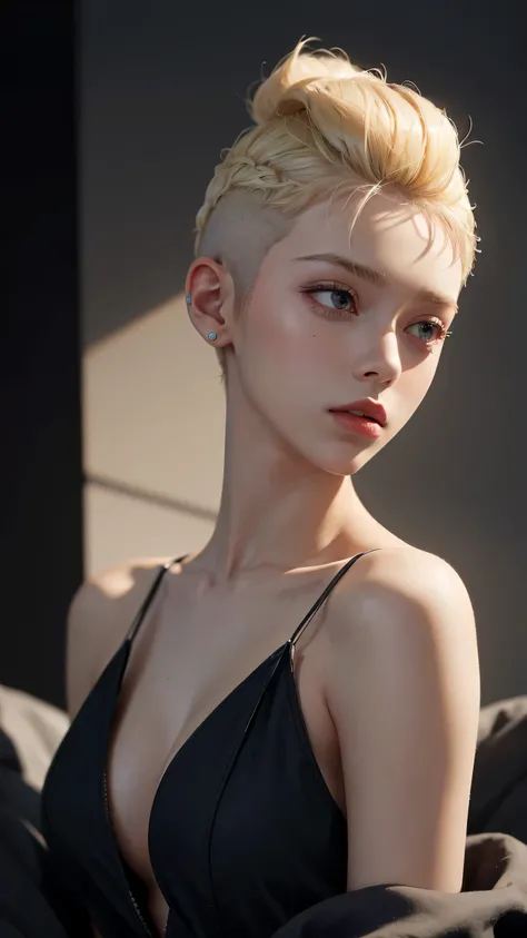 a 20 yo woman, blonde, (hi-top fade:1.3), dark theme, soothing tones, muted colors, high contrast, (natural skin texture, hyperrealism, soft light, sharp)