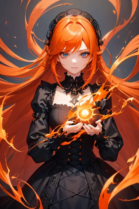 1 girl,Depps Sense,confused,catch light,Super beautiful illustration,(orange hair,long hairstyles:1.3),turn around,eye shadow,(Red clothes,Gothic Lolita),Upper body,;d,beautiful and delicate flowing hair,delicate and detailed blue eyes,emphasized chest,fla...