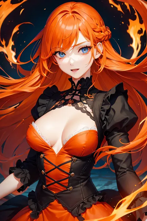 1 girl,Depps Sense,confused,catch light,Super beautiful illustration,(orange hair,long hairstyles:1.3),turn around,eye shadow,(Red clothes,Gothic Lolita),Upper body,;d,beautiful and delicate flowing hair,delicate and detailed blue eyes,emphasized chest,fla...