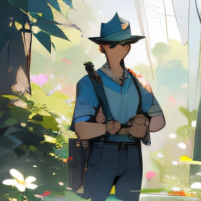 Very handsome one，Frontal photo of cute male park ranger，But I know the flowers in the park very well，stand up straight，The person is in the middle of the picture