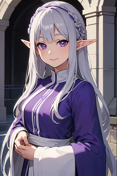 Young Elf Girl, gray hair, purple eyes, wearing white and purple royal robes, outside the mansion, Day, realistic lighting, masterpiece, high detail, fine eyes, detailed face, smile gently, medieval anime art