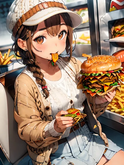 ((light brown hair)),((brown eyes)),((Braided shorthair)),((With bangs)),((fashion//white knit cardigan,hat with brim,denim skirt:1.3)),((Eating a hamburger:1.4)),((fries and juice:1.35)),(blush)