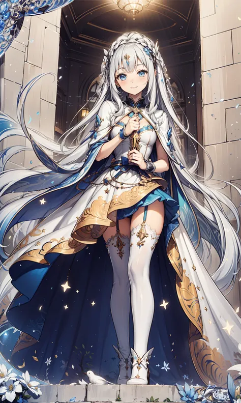 saints，Attractions，having fun，in love，(Western magic white dress)，silver hair，blue eyes，see through transparent clothes，Delicate hair accessories，Transparent lace，Sky blue pattern，night，Beautifully dressed，bedroom，the only person，night，Carved suspender boo...