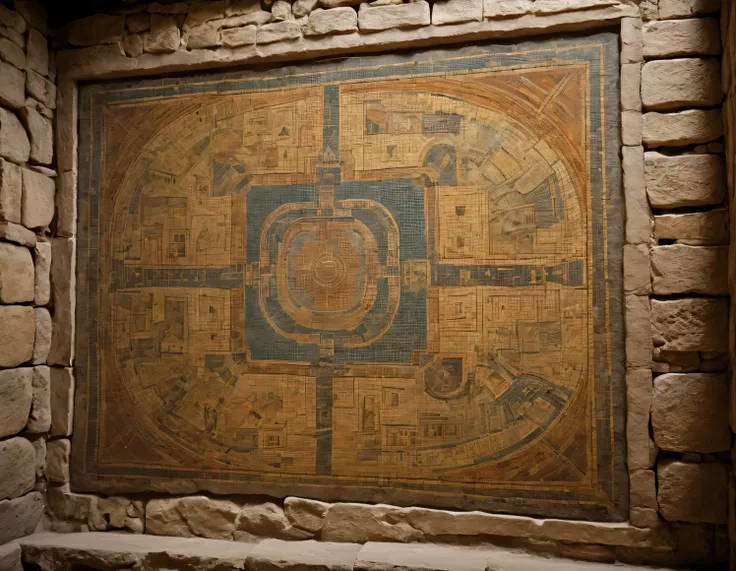 there is a mosaic on the wall of an ancient lost temple, depicting an ancient map of the temple dungeons., old mosaic, mosaic with map, Dungeon Map, antiquities, cinematic frame